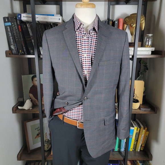 Ben Sherman Plectrum Men's Sport Coat Blazer Two Button Gray Orange‎ Plaid 42R - Picture 1 of 16